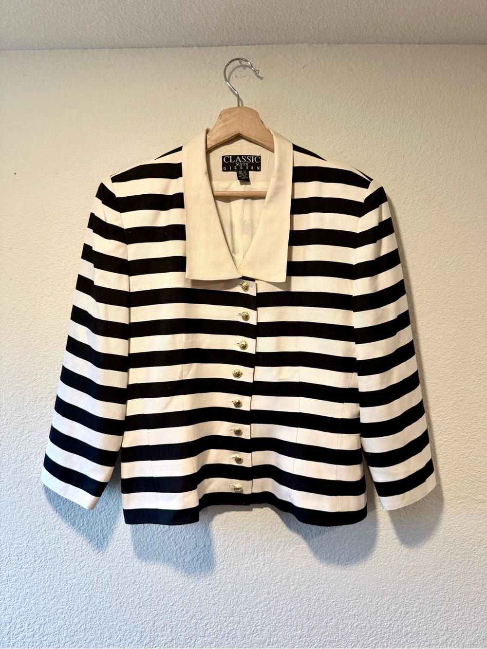 VINTAGE Gillian Silk Black & Cream Striped Blazer with Cream Collar